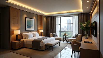 Luxurious hotel bedroom with city view.