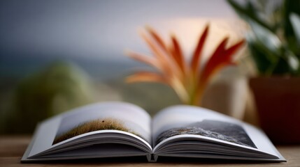 An open book displays landscape photographs a blurred plant sits behind it
