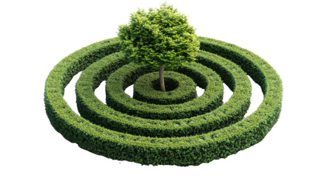 circular green maze with high hedges spiraling on white background