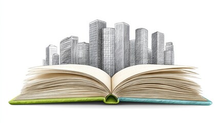 Open book and cityscape, a fusion of knowledge, stories, urban life open