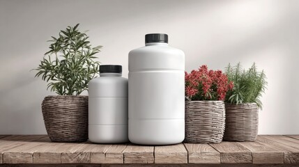 Two white plastic containers with black caps and potted green plants and red flowers on a wooden surface