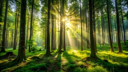 Obraz premium Sunlight beams through tall trees in a lush green forest creating a magical atmosphere