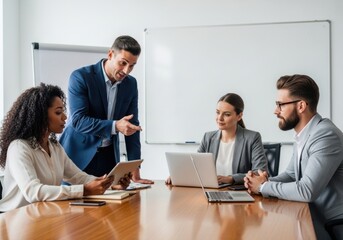 Obraz premium Diverse business team collaborating in a modern meeting room