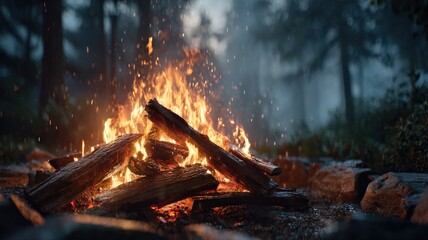 intimate fire scene at night, detailed flames licking logs, soft glow and sparks, ultra-realistic rendering, dark campsite mood