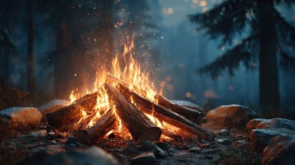 intimate fire scene at night, detailed flames licking logs, soft glow and sparks, ultra-realistic rendering, dark campsite mood