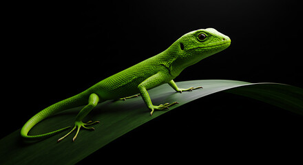 Fototapeta premium Vibrant Green Lizard Resting on Leaf Against Black Background
