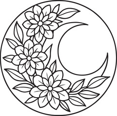 Circular crescent moon floral line art vector illustration