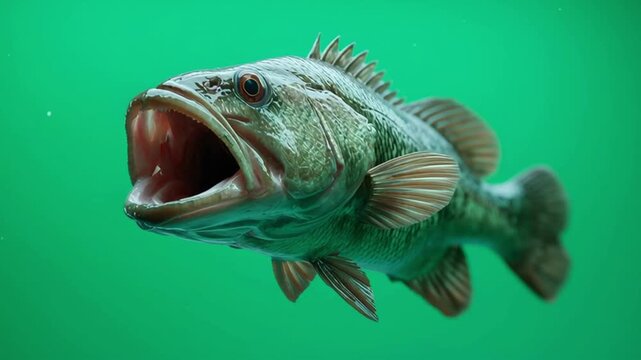 Close up of a large mouth bass fish with its mouth open against a green background underwater view green screen animal video