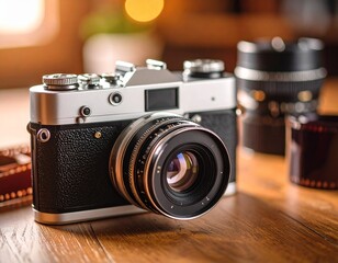 Vintage Film Camera with Lens and Film Roll on Wooden Table, Photography Concept