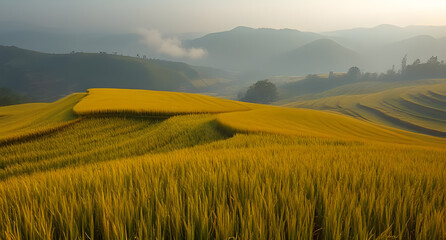 Obraz premium Golden Rice Terraces in a Misty Valley
