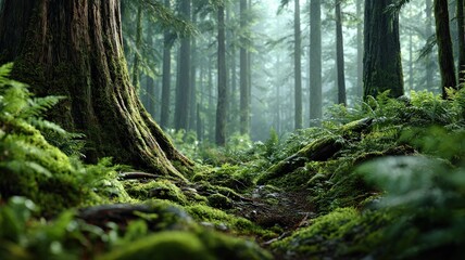 hyper-detailed forest scene, mossy trunks and green ferns in motion time-lapse, ethereal forest glow, natural serenity