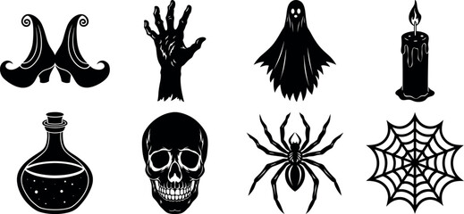 set of halloween element silhouette collection. Black and white vector. pmpkin, ghost, cat, horror house, witch, owl, raven bird, spider, witch hat
