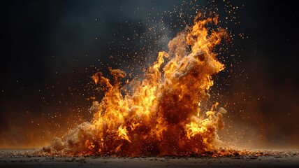 high-speed slow motion flame burst, fiery explosion with glowing embers, clean dark backdrop, dramatic motion freeze, ultra-detailed fire texture