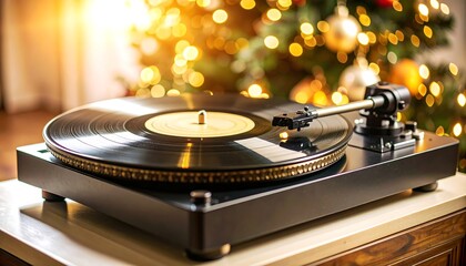 A record player spins a vinyl record; a blurred Christmas tree with lights forms the background
