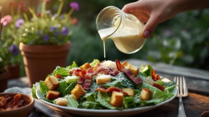 Caesar salad being dressed