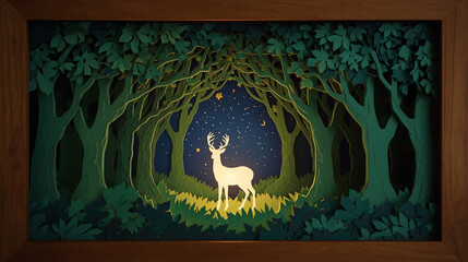 A glowing deer stands in a magical forest inside a paper-cut shadow box.