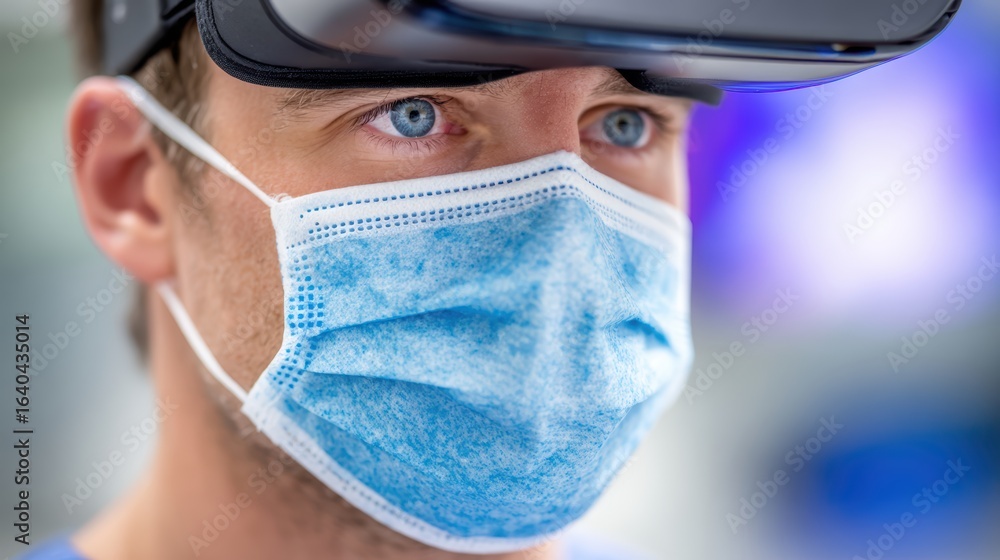 Poster man exploring virtual reality with headset and mask, immersive digital experience