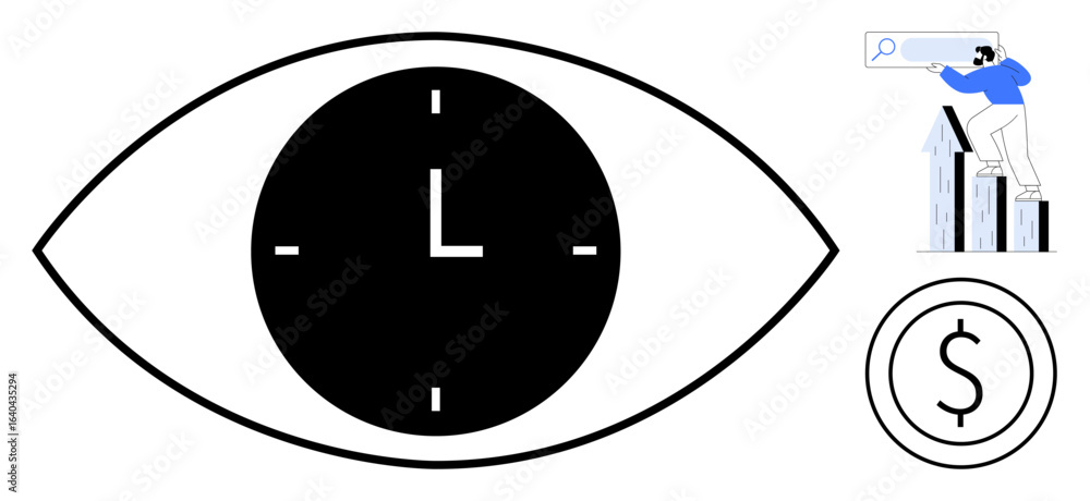 Poster eye with a clock symbol in the center, person using a magnifying glass for analysis above bar graphs