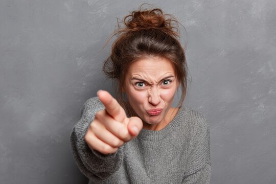 Furious woman pointing Are you insane against a gray backdrop Negative body language