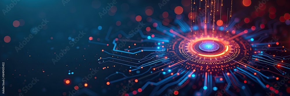 Poster digital circuit board design with glowing elements.