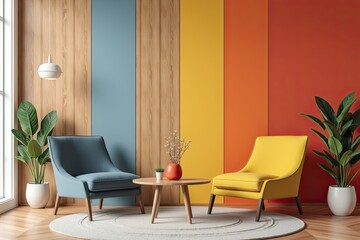 Colorful room with comfortable armchairs and a small table.