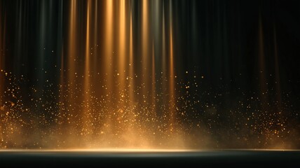 golden particle glow with neon light beams creating a stage-like virtual hall, luxurious cinematic background, soft depth, dark contrast