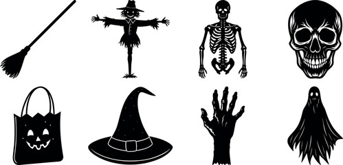 set of halloween element silhouette collection. Black and white vector. pmpkin, ghost, cat, horror house, witch, owl, raven bird, spider, witch hat
