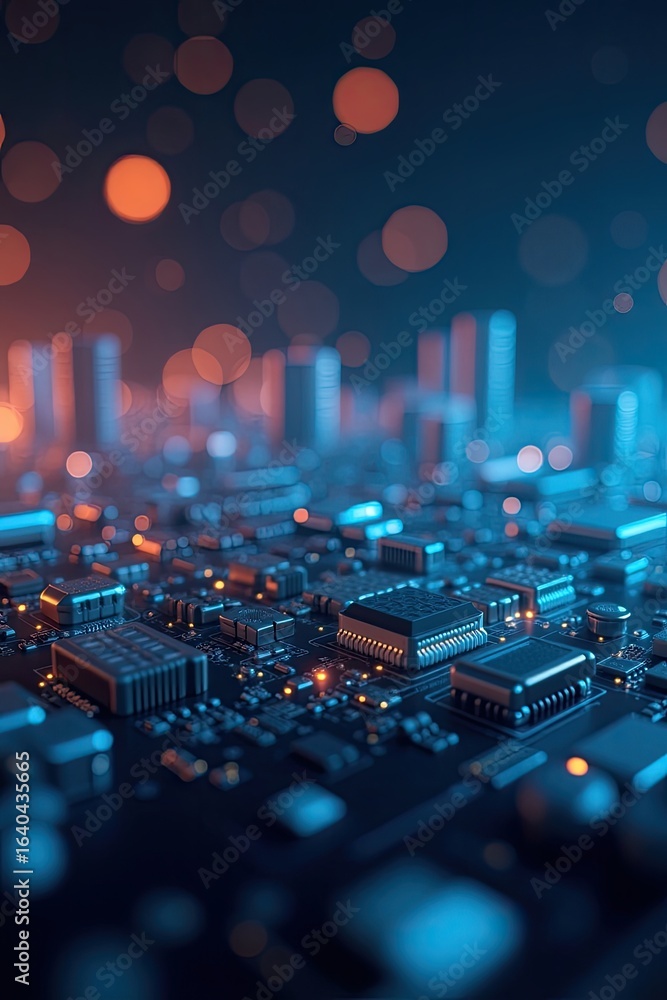 Poster Close-up view of a complex circuit board with illuminated components.