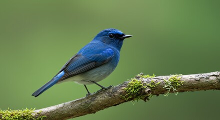 Obraz premium Blue Warbler Sitting on Mossy Branch in Natural Green Environment