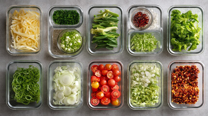 Assorted chopped vegetables and toppings in glass containers on gray surface