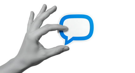 Hand holding a blue speech bubble, symbolizing online communication and feedback channel.