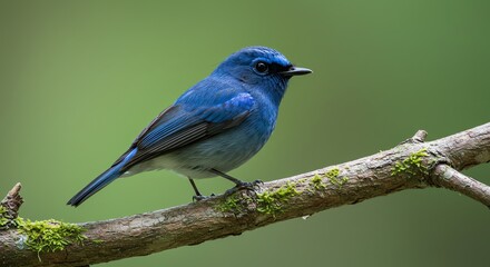 Obraz premium Bright Blue Bird Perched on Mossy Tree Branch in Natural Green Environment