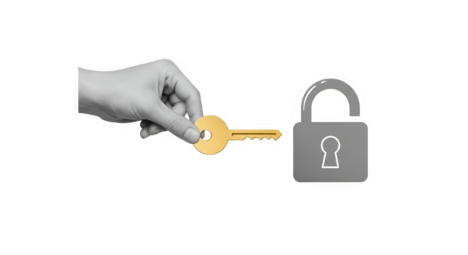 Hand unlocks security with a golden key and gray padlock, ensuring digital protection and privacy.