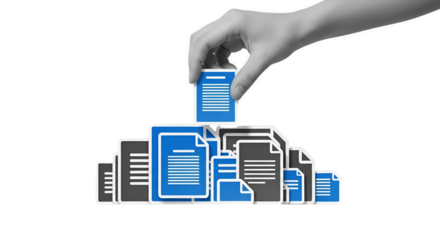 Prioritizing Documents: Hand Placing File Icon Atop Stack for Strategic Management