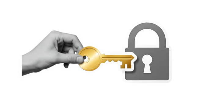 Hand Unlocking Potential: Golden Key to Security and Success in Business on Black Background