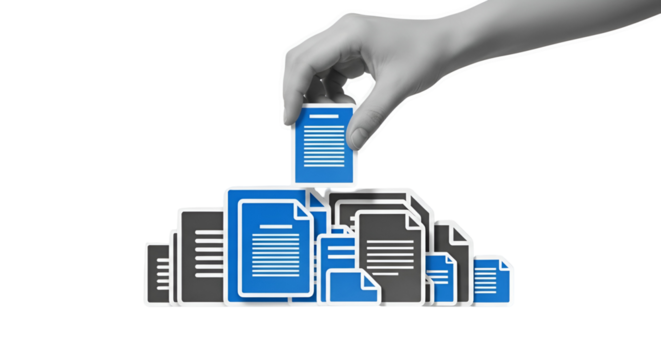 Prioritizing Documents: Hand Placing File Icon Atop Stack for Strategic Management