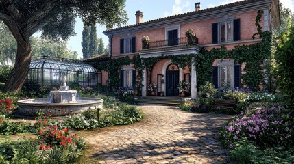 Fototapeta premium Italian Villa Garden with Fountain and Greenhouse.