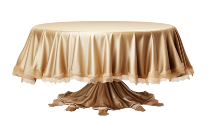 round table covered in beige stain cloth on white background
