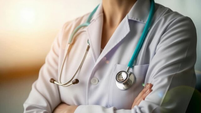 A confident doctor wearing a white coat and stethoscope, with arms crossed, symbolizing expertise and dedication in healthcare