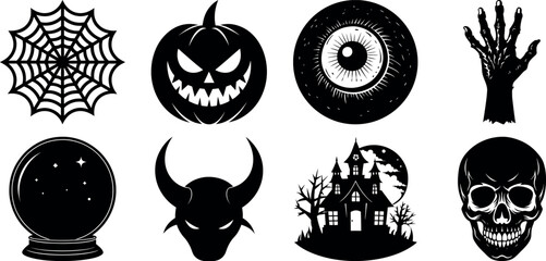 set of halloween element silhouette collection. Black and white vector. pmpkin, ghost, cat, horror house, witch, owl, raven bird, spider, witch hat