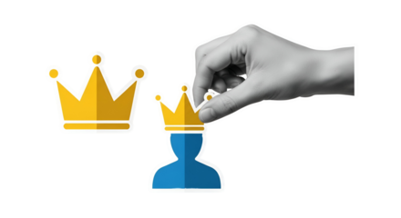 Hand placing crown on a blue figure depicting leadership, promotion, and aspiration for success