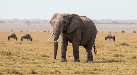 Fototapeta premium Large Elephant Walking in Open Savanna with Herd of Animals Under Clear Sky