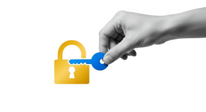 Hand unlocks golden padlock with a blue key, representing digital security and data access.