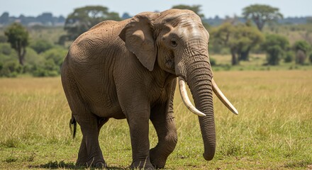 Adult African Elephant Walking in Grassland Under Clear Sky