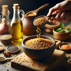A hand holding spoon with pouring lentil in bowl
