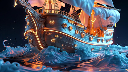 Naklejka premium Majestic Galleon Sails Through Illuminated Ocean Waves