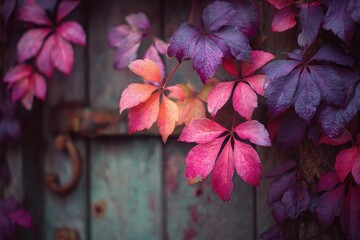 Vibrant autumn leaves clinging to weathered wood