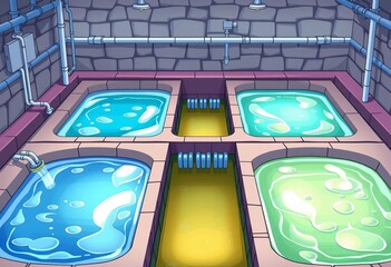 Cartoon illustration of colorful pools depicting water filtration stages in a liquid treatment plant,   system,   clean water