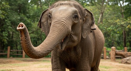 Young Elephant in Green Forest with Raised Trunk in Natural Habitat
