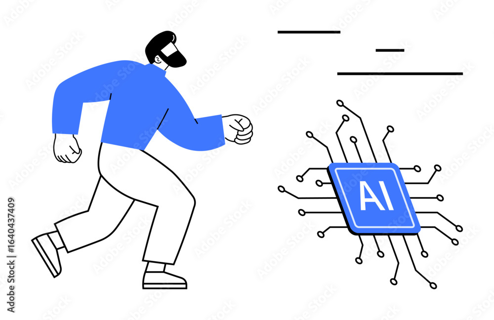 Poster man walking toward ai microchip with circuitry connections metaphorical for technology, innovation, 
